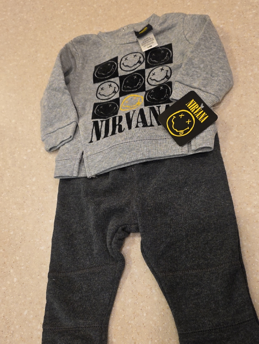 NIRVANA Grey Sweatshirt and Charcoal Pants Set with Yellow Logo Accent